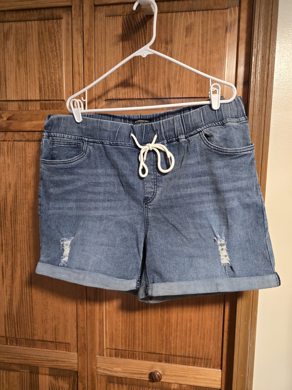 BloomChic Light Blue Denim Drawstring Shorts